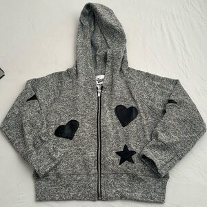 Random Hearts heather gray Hacci black leather star and heart full zip hoodie